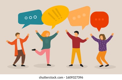 Social Network Template. Group of Young People Characters Chatting and speaking. Virtual Communication Concept. Vector illustration