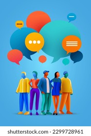 Social Network Template. Group of Young People Characters Chatting and speaking. Virtual Communication Concept. Vector illustration