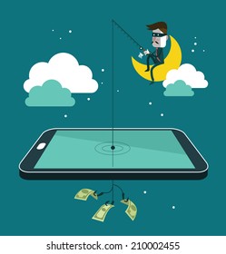 Social network thief stealing money by fishing dollar banknote from wallet on screen of smart phone. Flat design vector illustration 