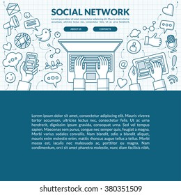 Social network thin line hand drawn doodle or sketch style concept illustration with the set of media icons: laptop, phone, tablet in hands, thumb up, heart, smiley, text bubbles. Vector background
