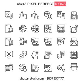 Conjunto de iconos de línea delgada de redes sociales. Pictogramas de esquema de comunicación para aplicaciones web y móviles GUI. Interfaz de usuario simple del servicio de mensajería, iconos vectoriales UX. Paquete de pictograma perfecto de 48 x 48 píxeles.