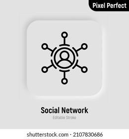 Icono de línea delgada de redes sociales. La persona se conecta con otros. Trazo perfecto y editable. Ilustración vectorial.