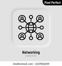 Social network thin line icon. Metaverse. People are connected by internet. Pixel perfect, editable stroke. Vector illustration.