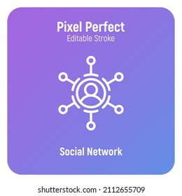 Social network thin line icon. Person connects with others. Pixel perfect, editable stroke. Vector illustration.