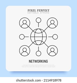 Social network thin line icon. Metaverse. People are connected by internet. Pixel perfect, editable stroke. Vector illustration.