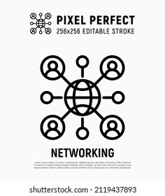 Social network thin line icon. Metaverse. People are connected by internet. Pixel perfect, editable stroke. Vector illustration.