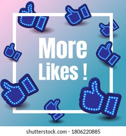 Social Network Thumb Up Blue Icons neon style frame banner concept with mobile phone on white background for Web, Internet, App, Analytics, Promotion, Marketing