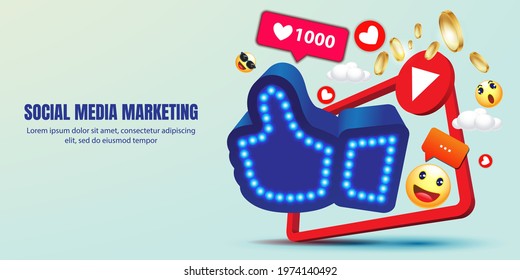 Social Network Thumb Up Blue Icons neon style with coin, doodle, message, cloud and heart  for Web, Internet, App, Analytics, Promotion, Marketing