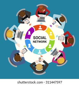 Social Network Usage Concept. Round Office Table Top View Business Flat Web Infographic Concept Vector. Staff Around Table Using Social Media Laptop Tablet Smartphone. Creative People Collection.