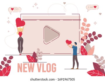 Social Network User, Blogger Follower, Vlogger Subscriber Concept. Blogging People, Man and Woman Holding Hearts above Heads, Online User Liking, Sharing Video Content Trendy Flat Vector Illustration