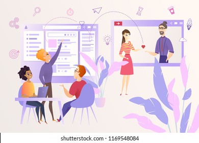 Social Network Users Activity Predicting and Analysis Cartoon Vector Concept with Young Internet Marketers, Sociologists or Web Developers Discussing Social Network Visitors Behavior. Dating Startup