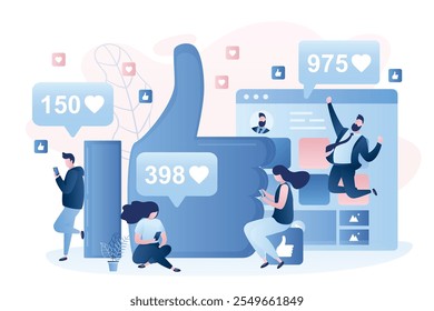 Social Network Users gives and receive likes. Male and female characters in trendy style, social network and humans concept background. Likes addiction, thumbs-up dependence. Vector illustration