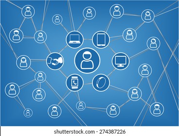 Social Network Vector Background. Person Who Is Connected To Friends And Family Via Devices / Gadgets Like Smart Phone, Notebook, Smart Watch, Wearable. Grid Of Communication Lines Between People.