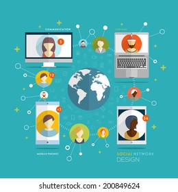 Social Network Vector Concept. Flat Design Illustration for Web Sites Infographic Design. Communication Tools and Technologies. Mobile Web Communication Systems.