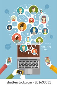 Social Network Vector Concept. Flat Design Illustration for Web Sites Infographic Design. Communication Systems and Technologies. Mobile Phones and Laptop