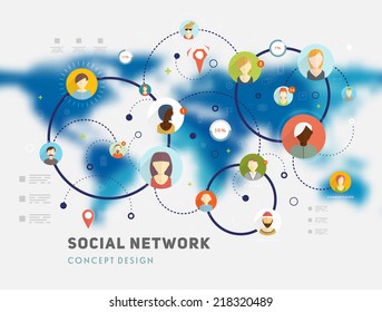 Social Network Vector Concept. Flat Design Illustration for Web Sites Infographic Design. Blurred World Map.