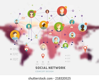 Concepto de vectores de redes sociales. Ilustración de diseño plano para el diseño infográfico de sitios Web. Mapa del mundo borroso.