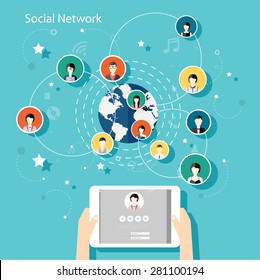 Social Network Vector Concept. Flat Design Illustration for Web Sites Infographic Design with human hand with tablet avatars. Communication Systems and Technologies.