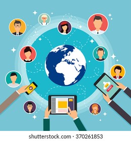 Social Network Vector Concept. Flat Design Illustration for Web Sites Infographic Design with laptop avatars. Set of people avatars and icons. Communication Systems and Technologies.