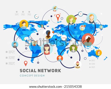 Social Network Vector Concept. Flat Design Illustration for Web Sites Infographic Design. Earth Geometric Map. Mobile Technologies. People Icons.
