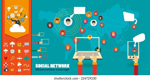 Social Network Vector Concept with icons. Flat Design Illustration for Web Sites Infographic Design.