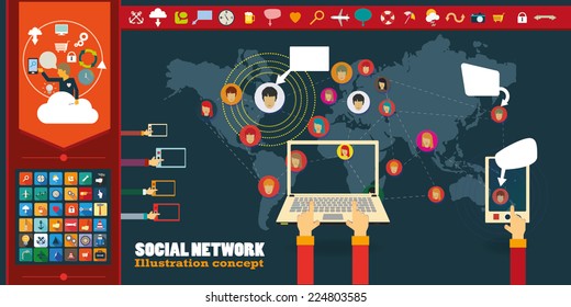 Social Network Vector Concept with icons. Flat Design Illustration for Web Sites Infographic Design.
