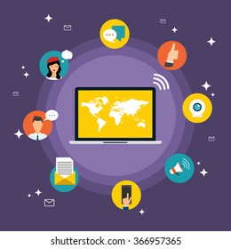 Social Network Vector Concept. Set of social media icons. Flat Design Illustration for Web Sites Infographic Design with laptop avatars. Communication Systems and Technologies.