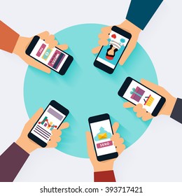 Social Network Vector Concept. Set of media icons. Flat Design Illustration for Web Sites Infographic Design with laptop avatars. Communication Systems and Technologies.