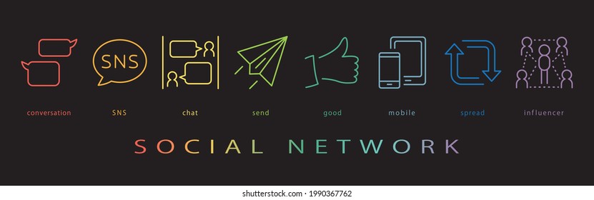 Social network vector icon set. neon color on black background.