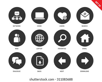 Social network vector icons set. Internet and communication concept. Web pages items, search, user, laptop, email, dialogue and options for navigation. Isolated on white background