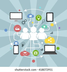 Social network vector illustration with colorful icons, arrows and devices.
