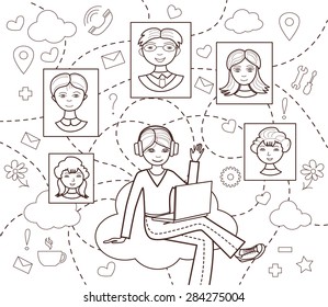 social network (vector illustration, coloring book)