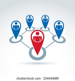 Social network vector illustration, conceptual leadership and teamwork sign. Map pointer symbol with silhouettes of people standing in circles.