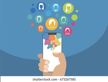 Social network vector illustration with icons. Hand holding modern bezel-free / frameless smartphone on blue background