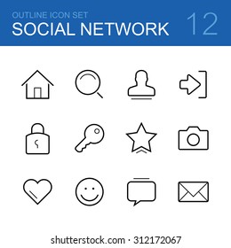 Social network vector outline icon set - home, search, man, log in, lock, key, star, photo, heart, smile, chat and mail