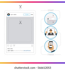 Social network vector photo frame for original shots. Frame inspired by instagram interface. Modern design frame for a Photo at creative activities with instructions for use. 
