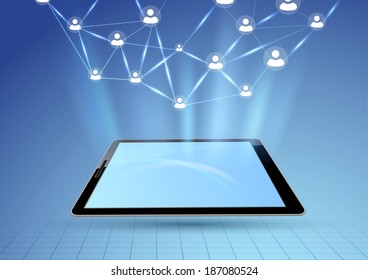 Social network via tablet device graphic. Vector illustration