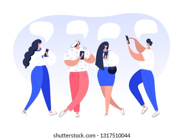 Social Network, Virtual Communication concept. Group of Young Cute People Chatting Using Smartphone. Characters Discussing, News, Chat, Dialogue with Speech Bubbles. Vector flat style for website.