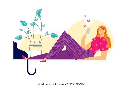 Social Network, Virtual Communication Relationships Concept. Young Female Character Chatting Using Smartphone. Woman Sending Message via Mobile Phone. Vector flat illustration