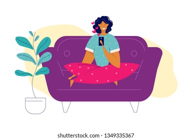 Social Network, Virtual Communication Relationships Concept. Young Female Character Chatting Using Smartphone at Home. Woman Sending Message via Mobile Phone. Vector flat illustration