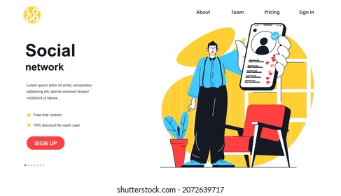 Social network web banner concept. Man using mobile app for post photo, collects likes and followers, online communication landing page template. Vector illustration with people scene in flat design