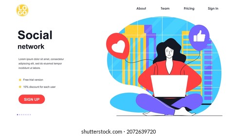 Social network web banner concept. Woman using laptop for browsing, posting, collects likes and hearts, online communication landing page template. Vector illustration with people scene in flat design