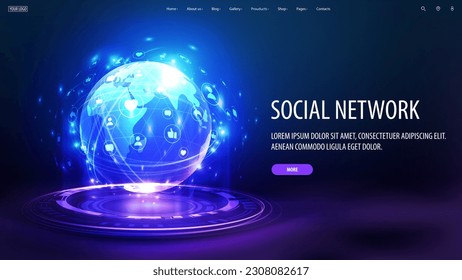 Social network, web banner with digital neon hologram planet surrounded with floating social network elements and interface elements