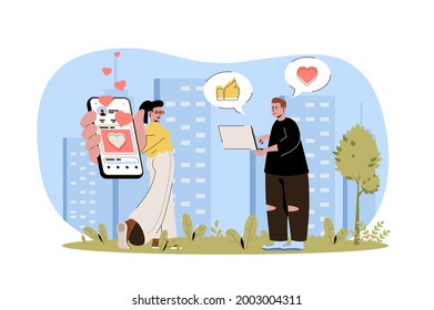 Social network web character concept. Man and woman users in social networks, communicate online from laptop or mobile app isolated scene with persons. Vector illustration with people in flat design
