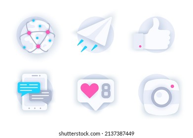 Social network web concept of 3d paper icons set. Pack flat pictograms of global connection, online correspondence, messages in chat, photos, users like. Vector elements for mobile app and website