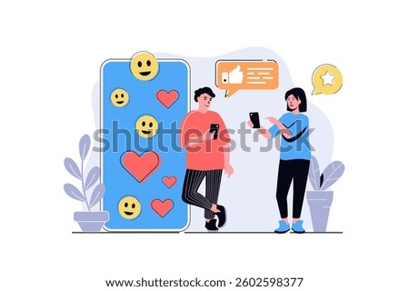Social network web concept with cartoon people design. Woman and man writing messages in dating app, chatting online, posts and likes in app. Flat vector illustration isolated on white background.