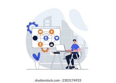 Concepto web de redes sociales con escena de personajes. El hombre se comunica con sus amigos y aumenta la audiencia en los blogs. La gente se encuentra en un diseño plano. Ilustración vectorial para material de marketing en medios sociales.