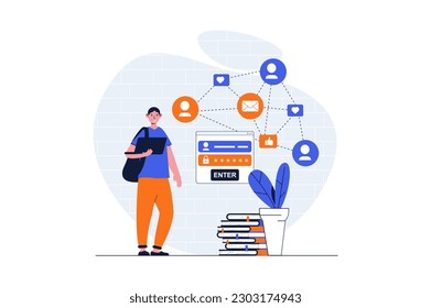 Social network web concept with character scene. Man login to personal account and communicating with friends. People situation in flat design. Vector illustration for social media marketing material.
