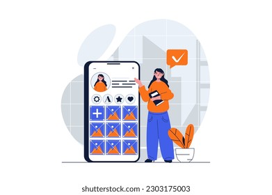 Social network web concept with character scene. Woman posting new photos in online blog and getting feedback. People situation in flat design. Vector illustration for social media marketing material.