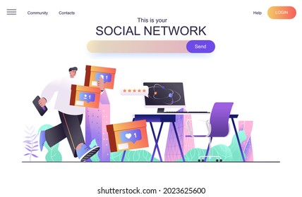 Social network web concept for landing page. Social media user makes posts, collects likes, comments and online followers banner template. Vector illustration for web page in flat cartoon design